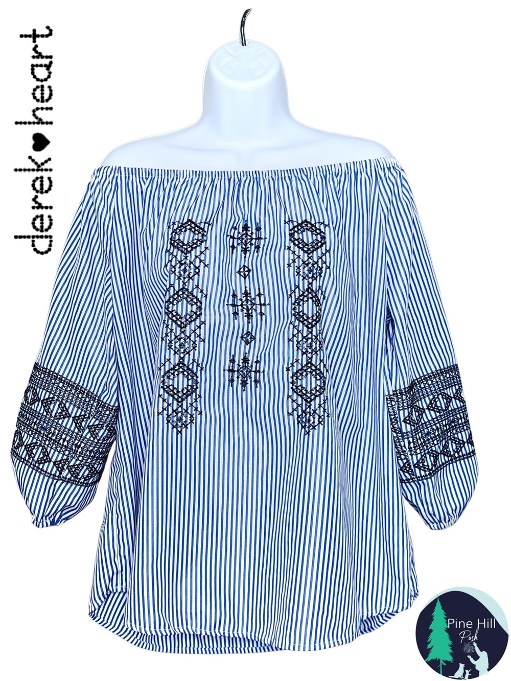 Derek Heart Plus 1X Blue White Stripe Off Shoulder Embroidered Boho Peasant Top